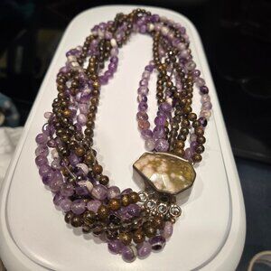 HANDMADE AMETHYST, CRYSTAL AND TIGEREYE CHOKER WITH STERLING SILVER CLASP